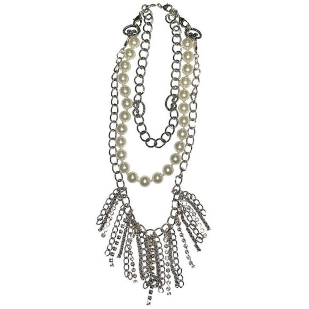 Silver chains w pearls & hearts 14” BOHO necklace